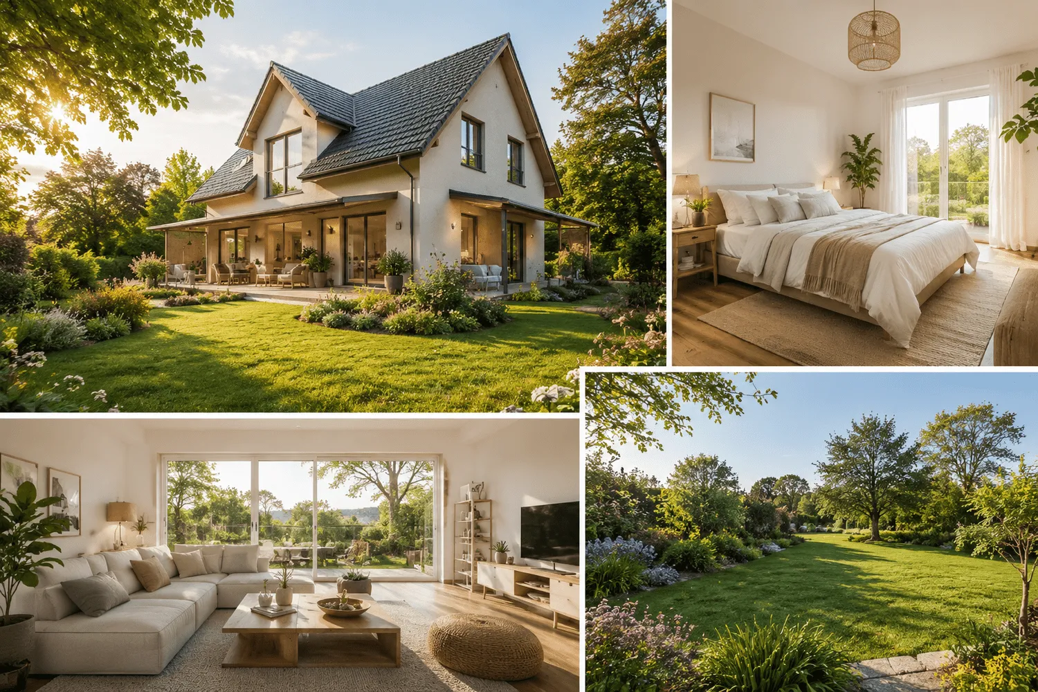 Maison, chambre, salon et jardin harmonieux